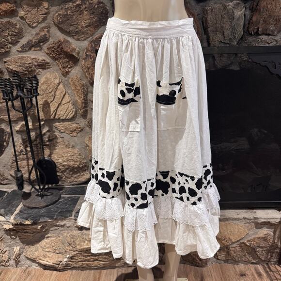 VTG Handmade Cow Print Maxi Wrap Tie Lace Skirt Apron Milkmaid Farmer Cottage - Picture 1 of 6